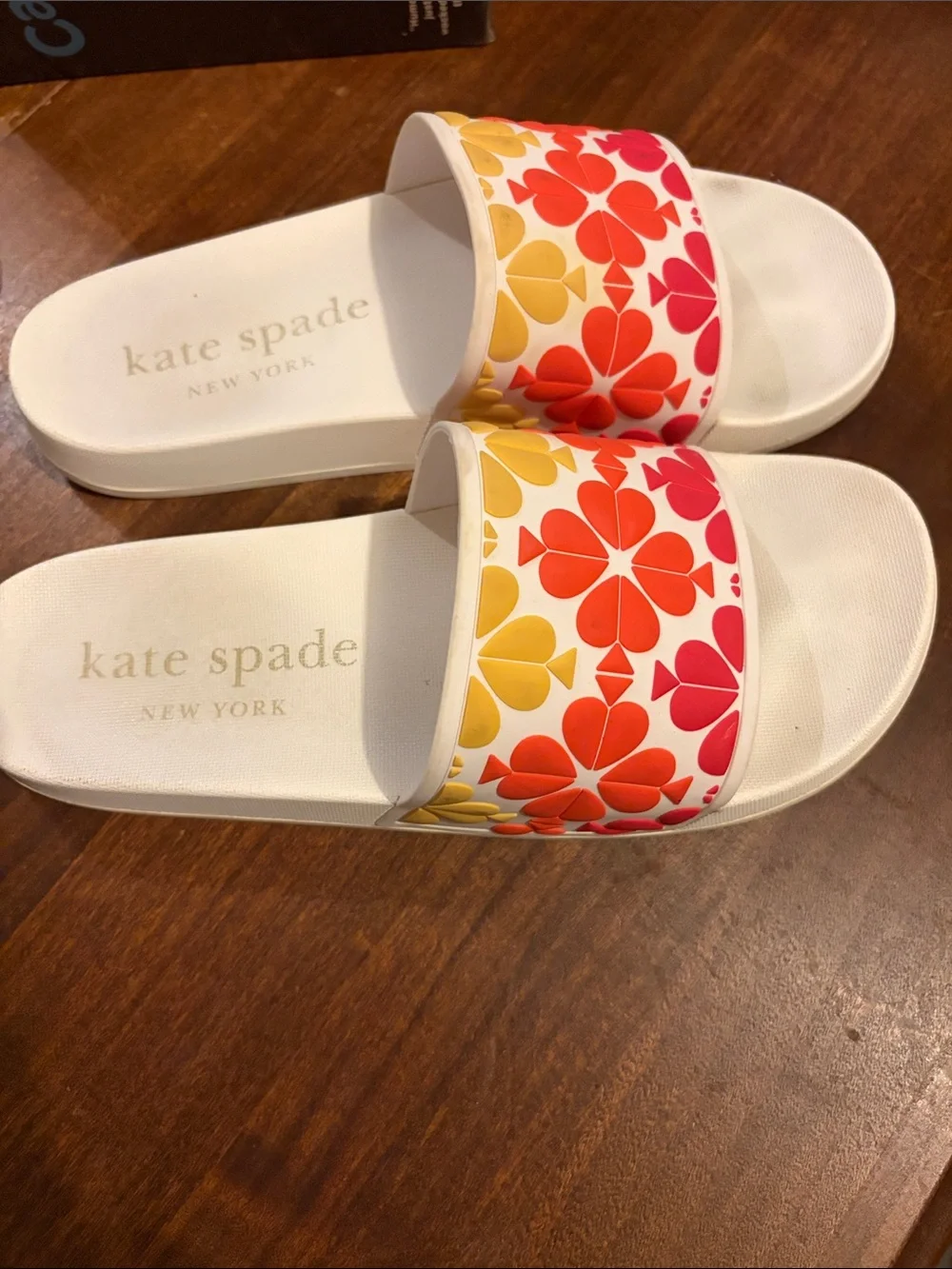 kate spade White Slide Sandals with Pink, Orange & Yellow Floral Motif